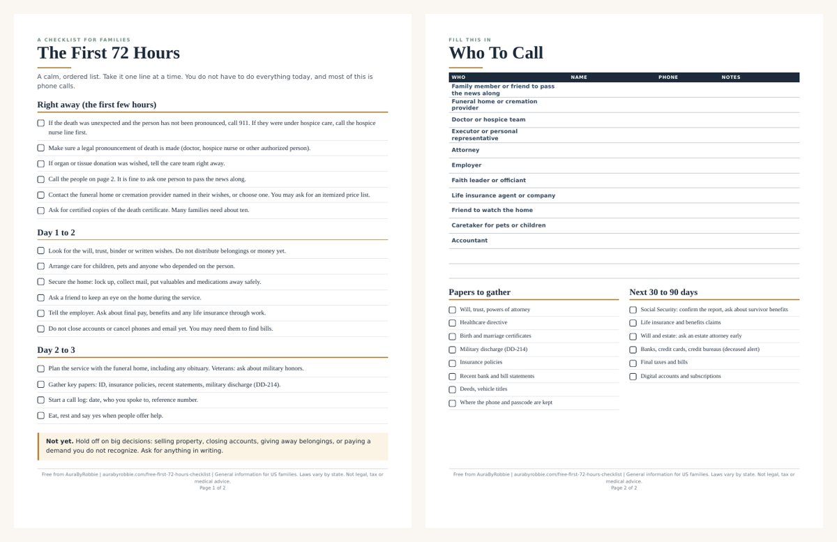 Preview of the two-page First 72 Hours and Who To Call printable PDF