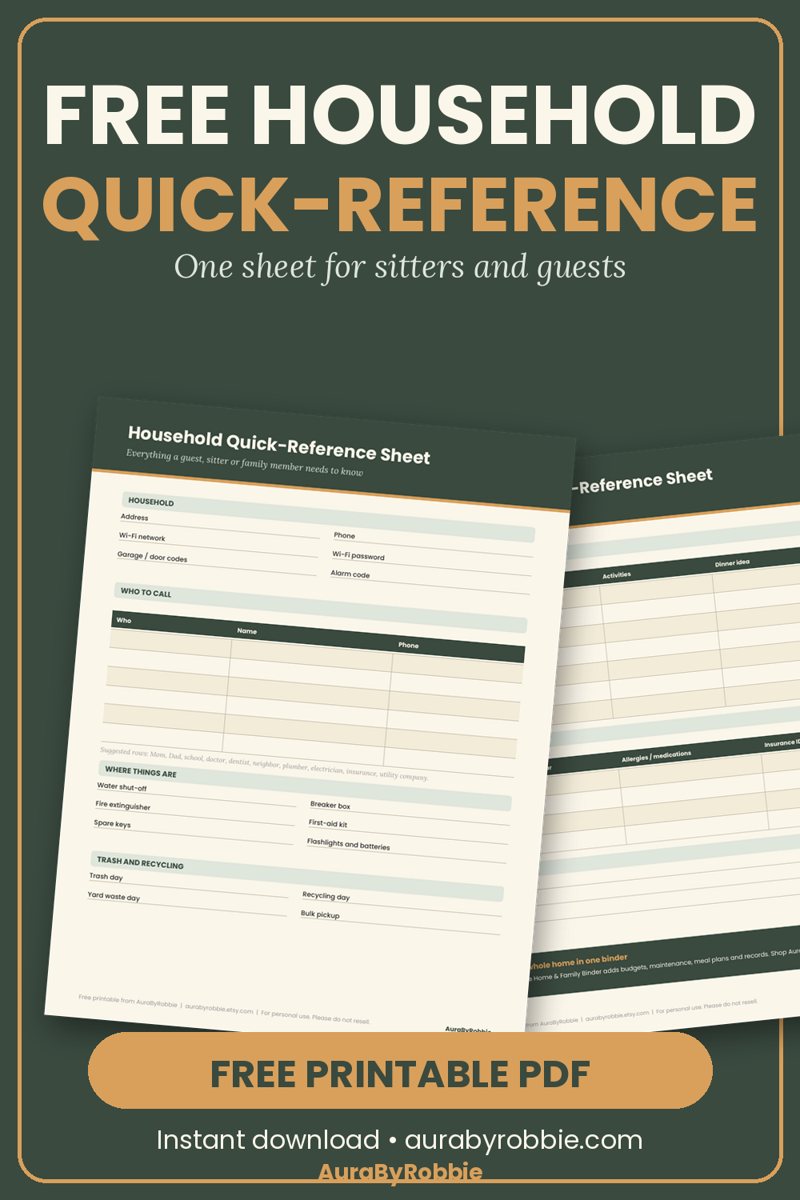 Free household quick-reference sheet
